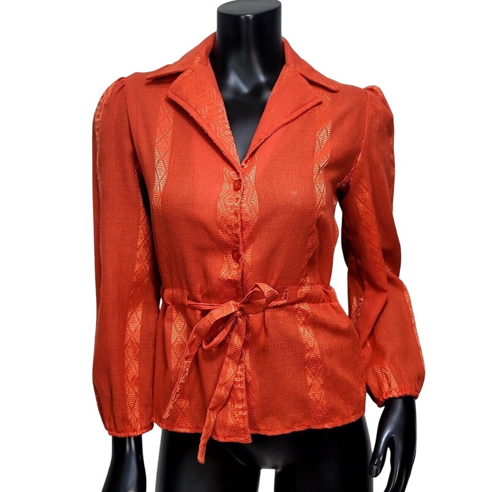 Vintage Caseys Place Burnt Orange Puff Sleeve Belted Blouse 70s Made in USA Rust